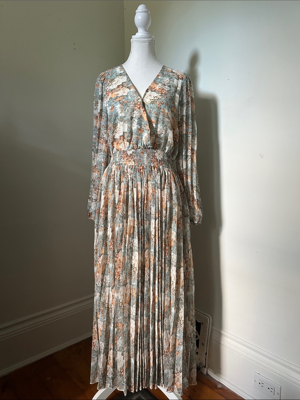 EN SAISON Floral Faux Wrap Pleated Long Sleeve Cottage Prairie Maxi Dress Medium